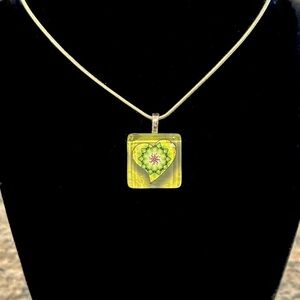 Hand Crafted Yellow & Green Heart Glass Tile Pendant
